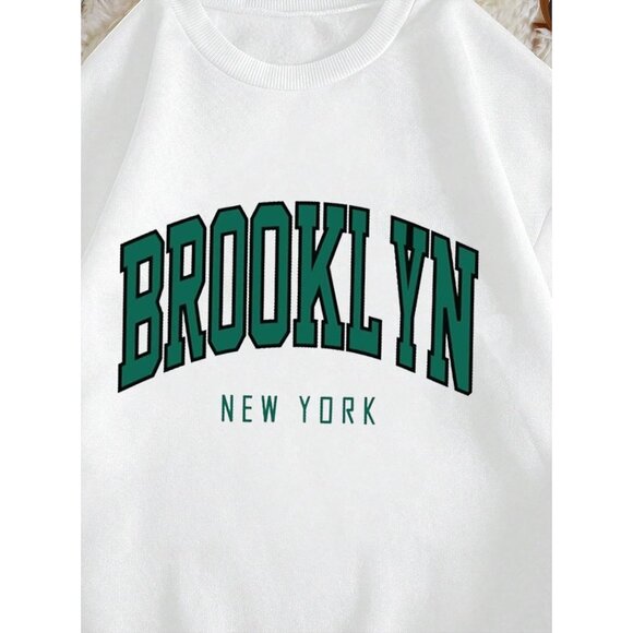 ⚡Women White Brooklyn Imported Graphic Crewneck Long Sleeve Pullover Sweatshirt - Picture 5 of 5